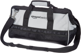 Amazon Basics 16-inch tool bag front view with exterior pockets for quick access.