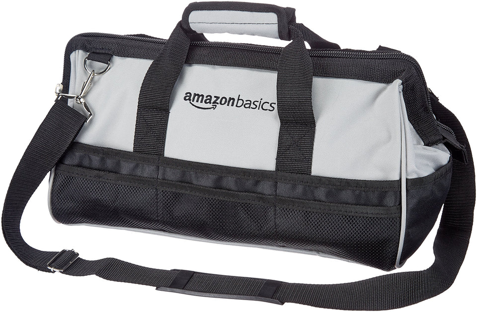 Amazon Basics 16-inch tool bag front view with exterior pockets for quick access.