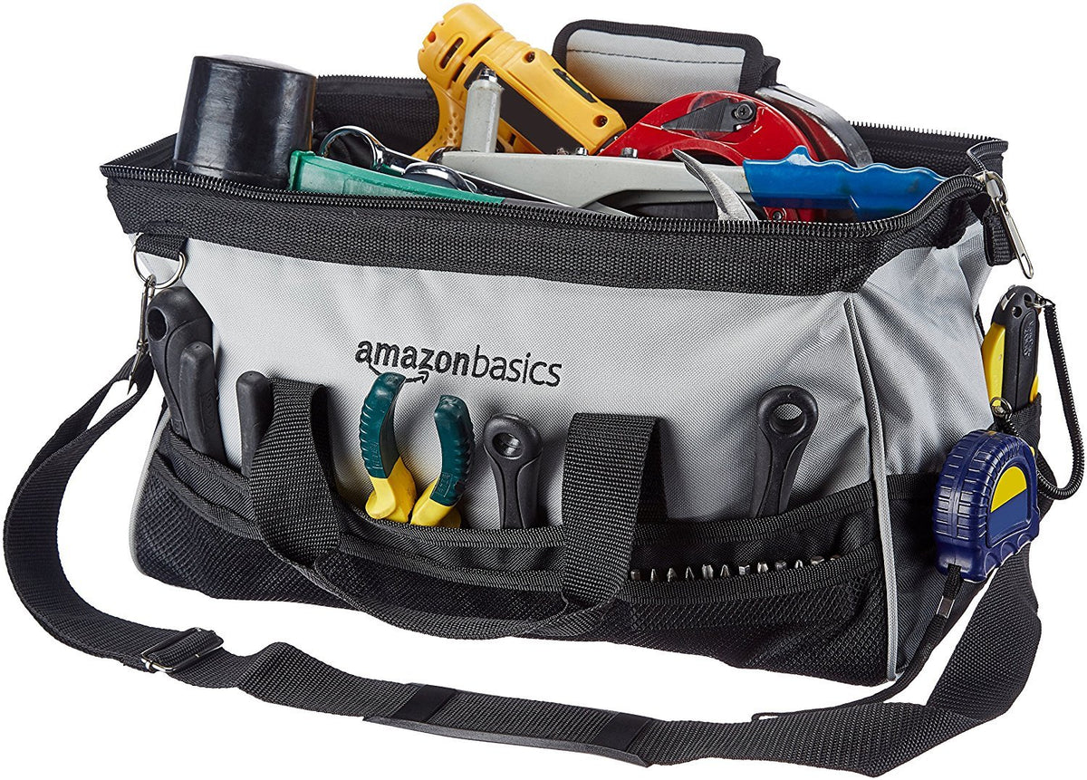 Amazon Basics 16-inch tool bag open view shows easy access to compartments.