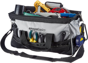 Amazon Basics 16-inch tool bag open view shows easy access to compartments.