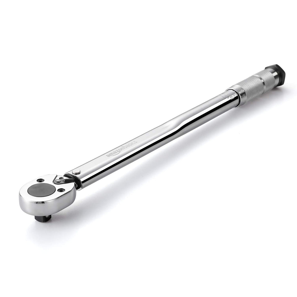 Amazon Basics torque wrench handle close-up showing comfortable grip and control.