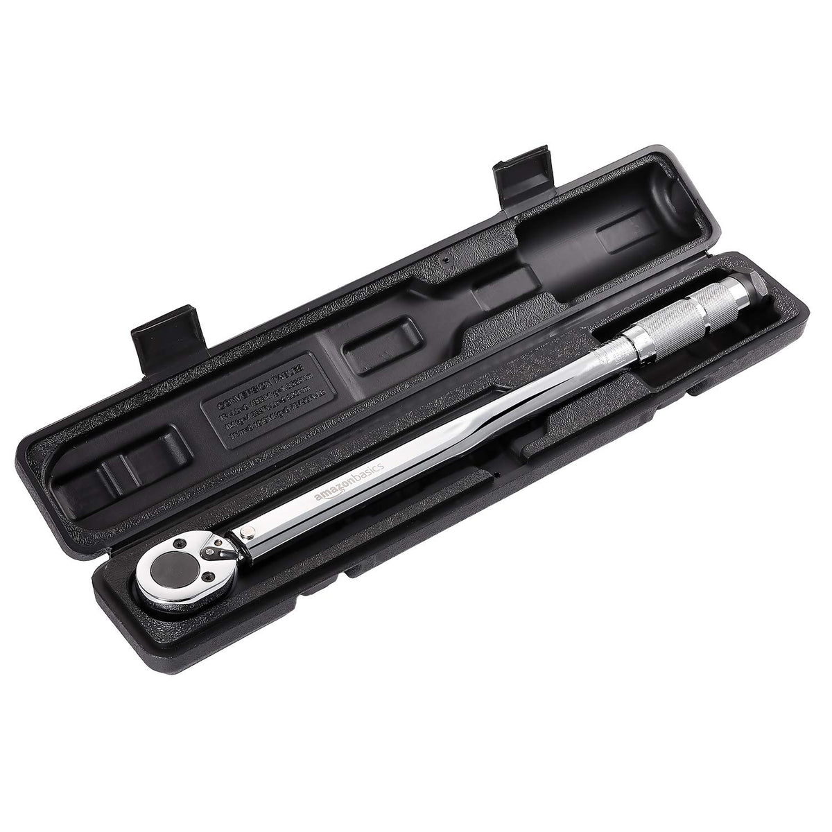 Amazon Basics torque wrench ratchet head in Cr-V steel resists wear.
