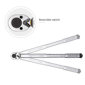 Amazon Basics torque wrench labeled torque range aids quick adjustments.
