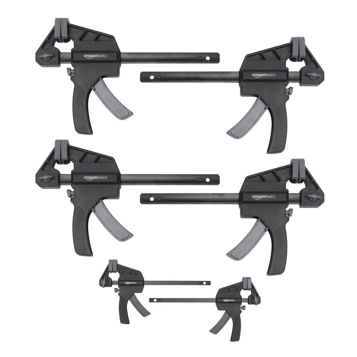Amazon Basics trigger clamp 4-inch two-pack shows secure grip and quick release.