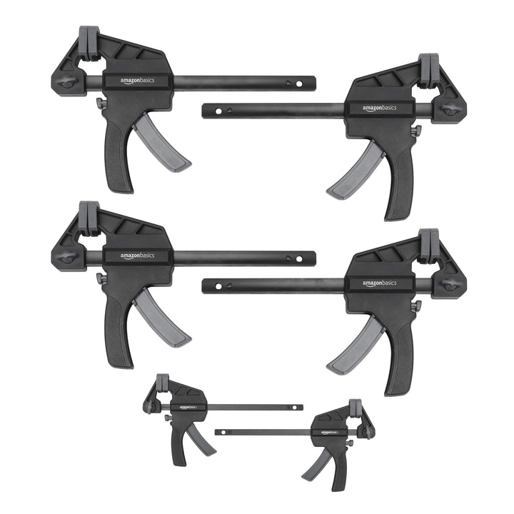 Amazon Basics trigger clamp 4-inch two-pack shows secure grip and quick release.