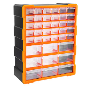 Amazon Basics wall-mount cabinet with 39 drawers for hardware organization.