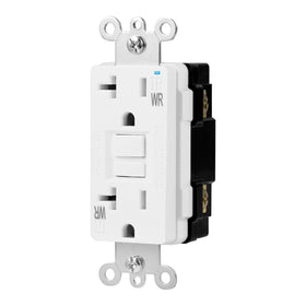 Amazon Basics weather-resistant GFCI receptacle shown for safe indoor and outdoor use.