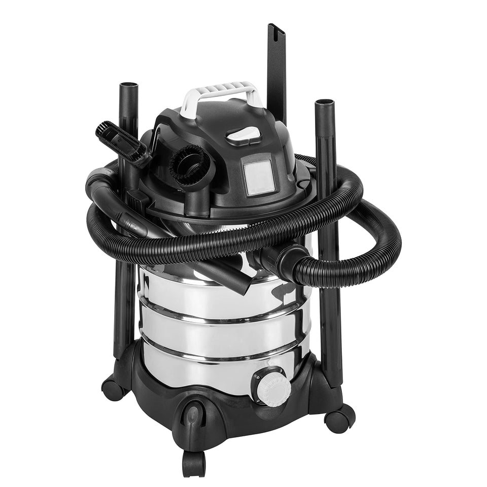 Amazon Basics wet dry shop vacuum with 6-gallon tank ready for home cleanup.