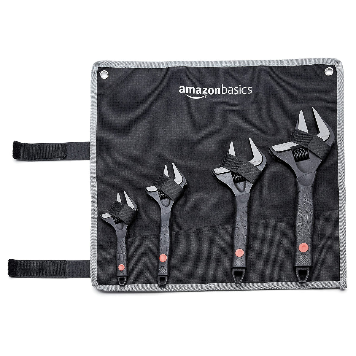 Amazon Basics soft-grip wrench in use on a bench for easy access.