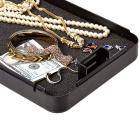 Amazon Basics XXL lock box close-up on zinc alloy combo lock for secure access