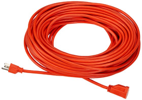 Amazon Basics 100-foot outdoor extension cord with three-prong plug for yard work.