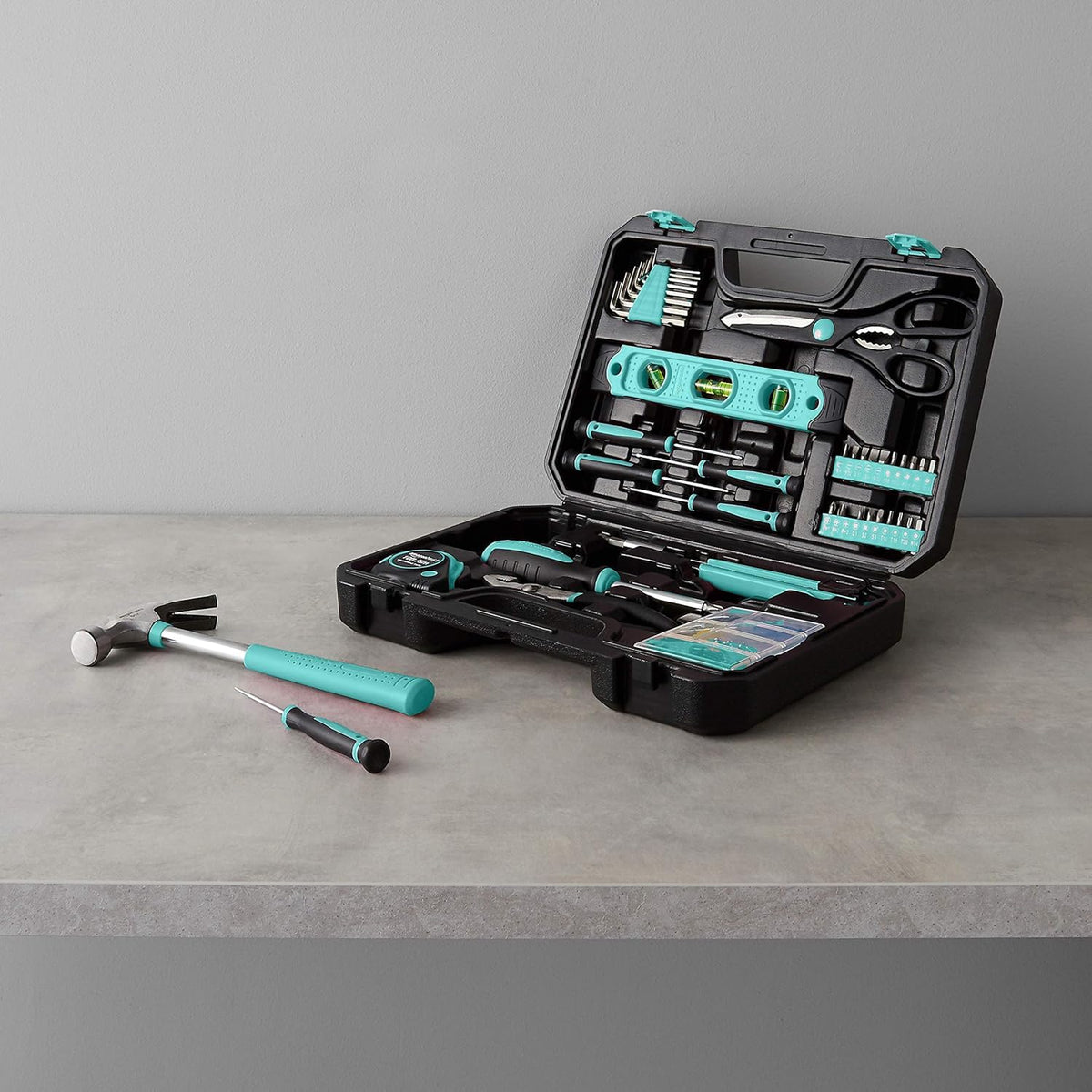 Amazon Basics 142-piece toolkit storage case close-up keeping tools organized