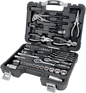 Amazon Basics 65-piece toolkit with carry case open for easy access to tools.