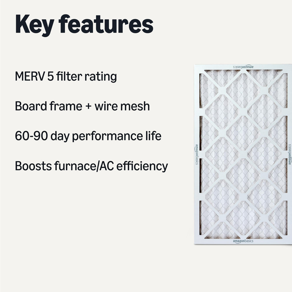 Close-up of Amazon Basics MERV 5 filter showing electrostatic media.