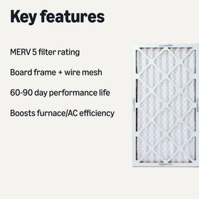 Close-up of Amazon Basics MERV 5 filter showing electrostatic media.