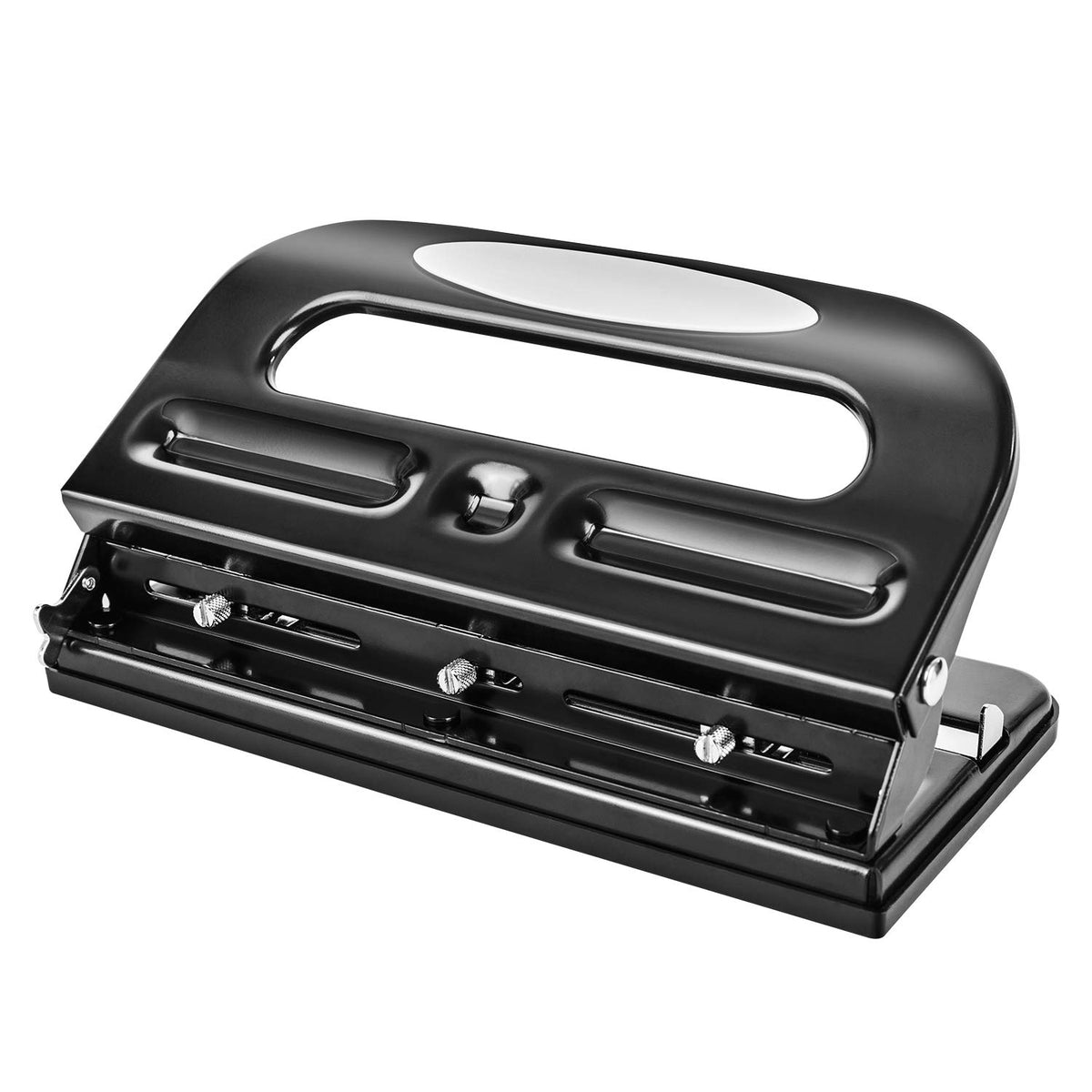 Amazon Basics semi-adjustable 3-hole punch front view for high-volume punching