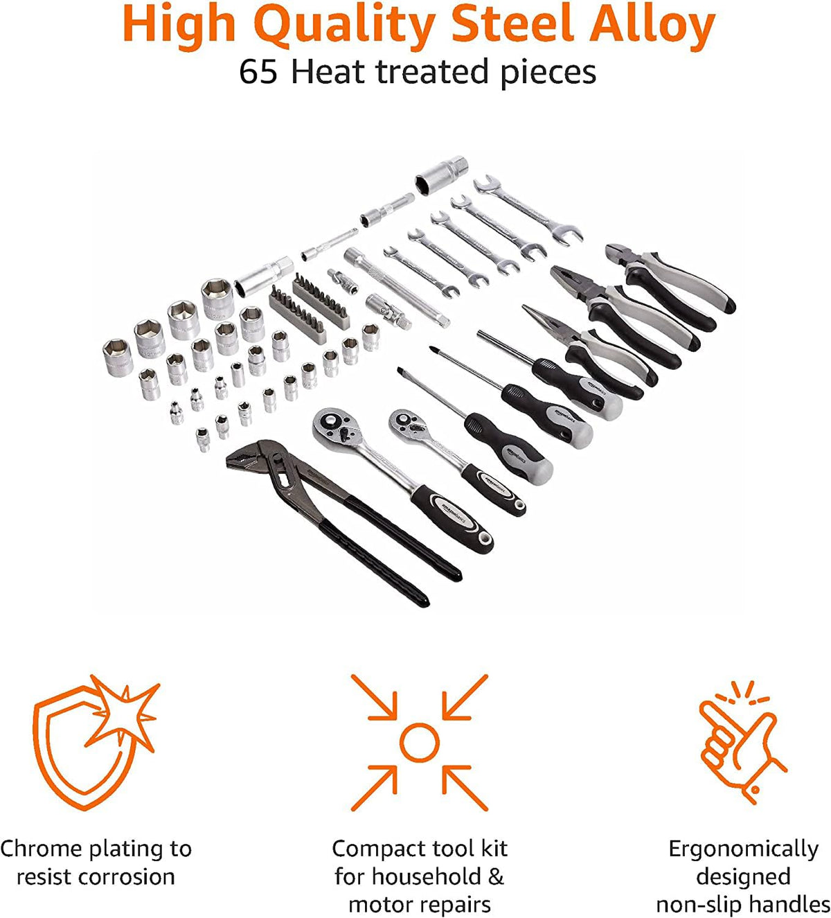 Amazon Basics steel alloy tools close-up highlighting durability for daily tasks.