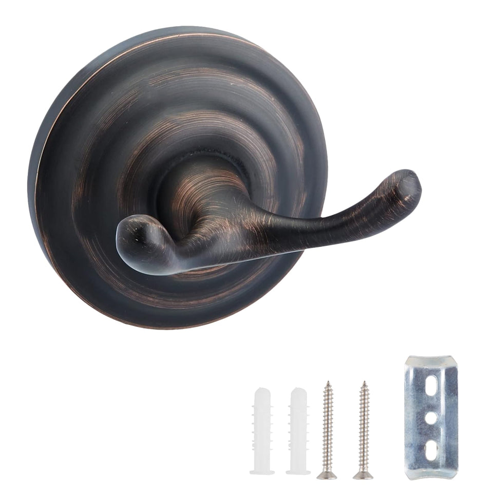 Amazon Basics zinc round hook in oil rubbed bronze mounted on wall for towels.
