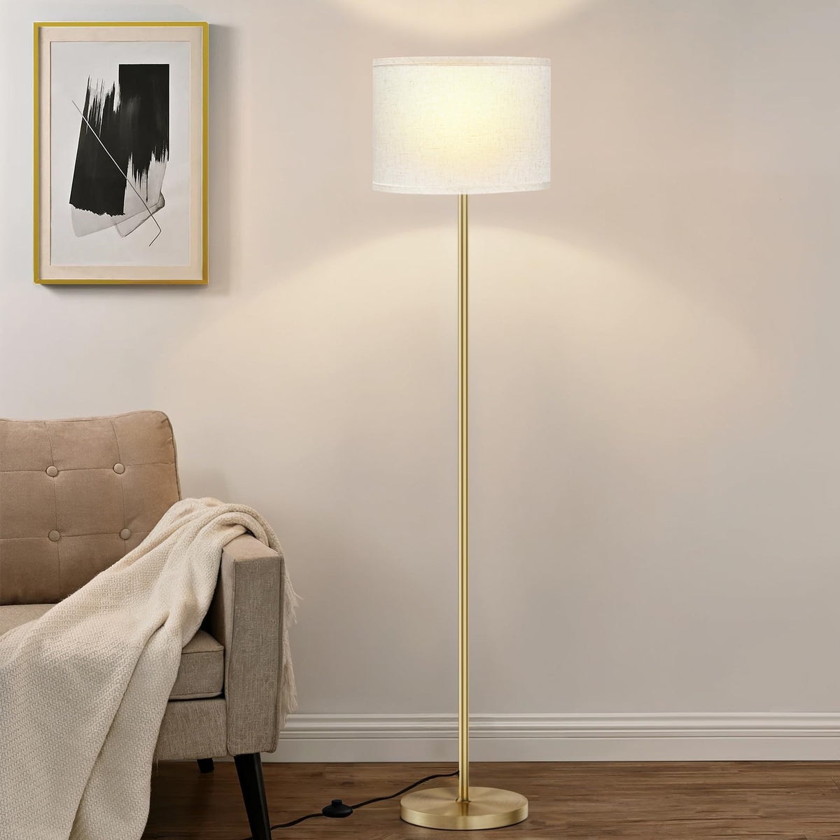 Ambimall 60-inch floor lamp with beige shade adding warm ambience to living room