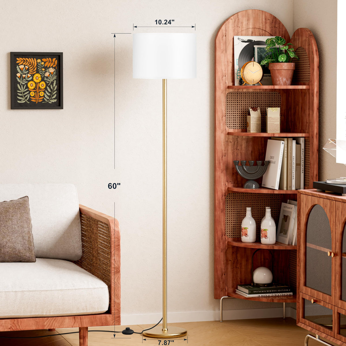 Ambimall 60-inch floor lamp with gold pole adds modern elegance.