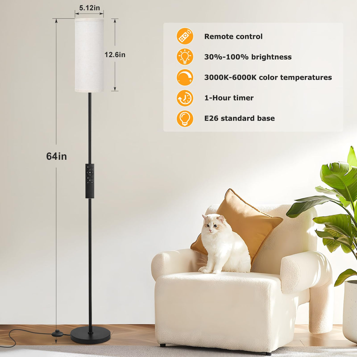 Ambimall 64'' floor lamp stepless dimming for customizable brightness.