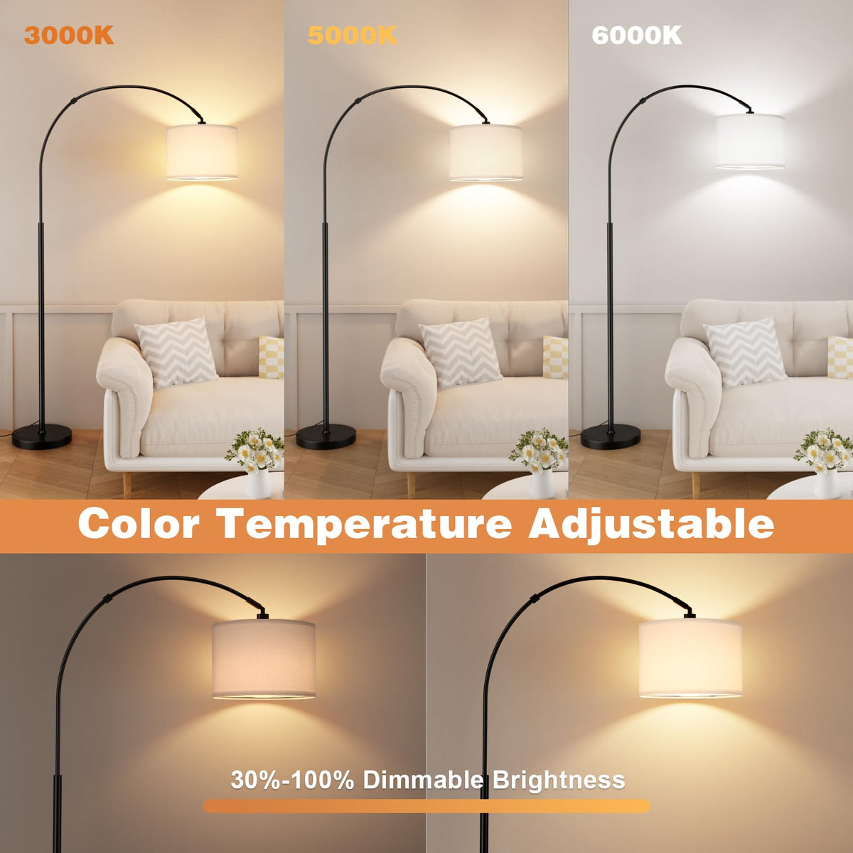 Ambimall arch floor lamp provides stepless dimming for mood lighting.