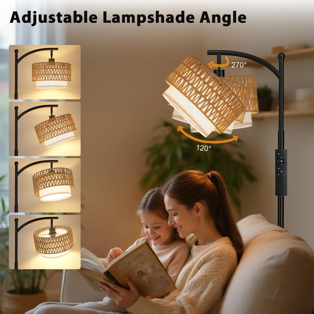 Ambimall Arc floor lamp with linen shade providing soft ambient glow.