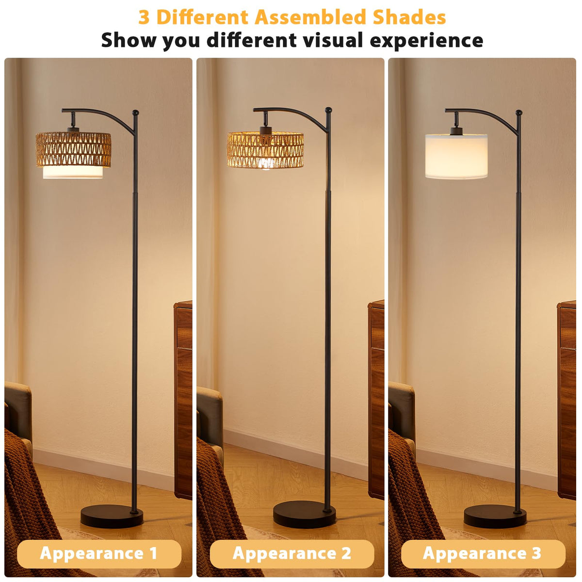 Ambimall Arc floor lamp with rattan shade for a warm, natural focal point.