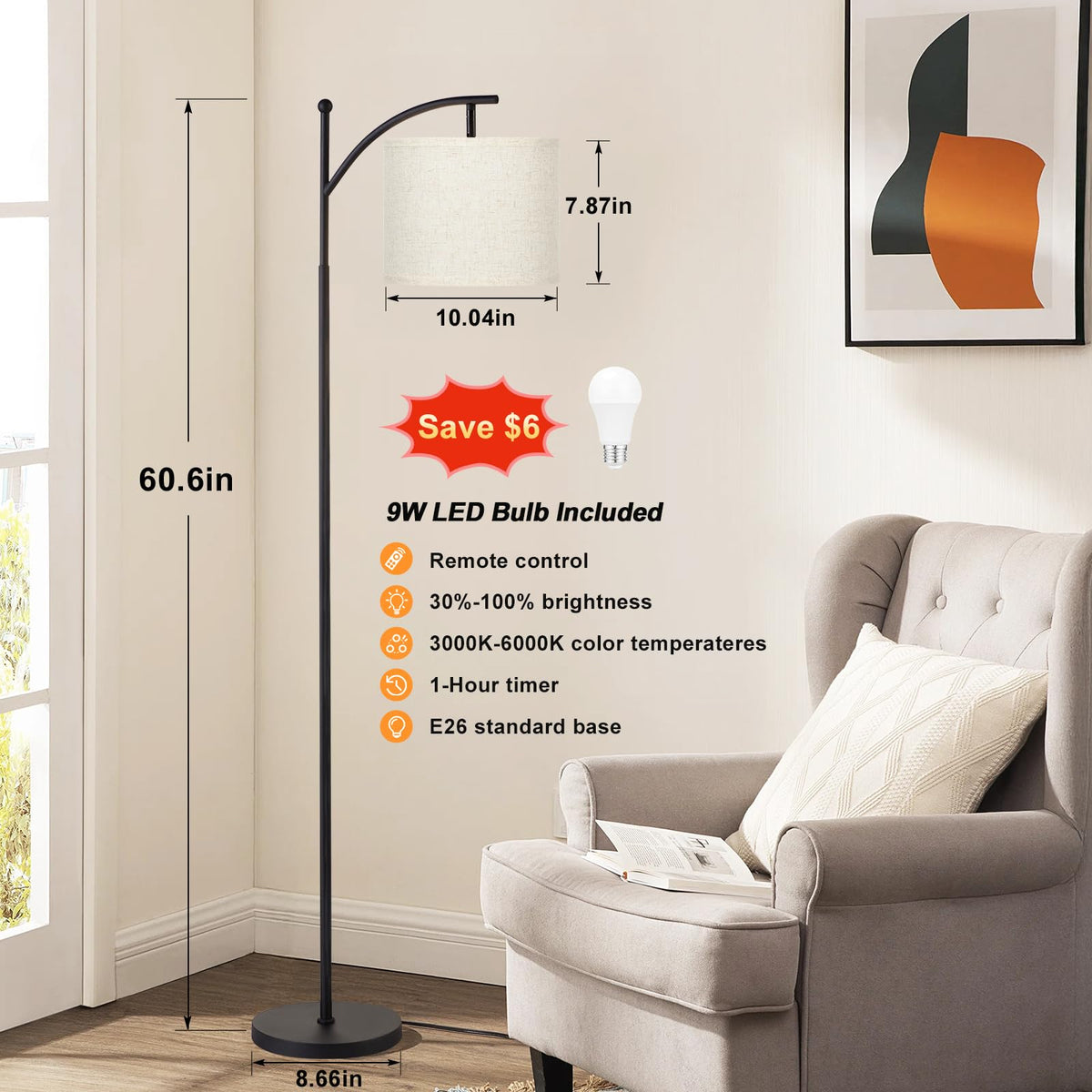 Ambimall arc floor lamp with rotating shade for flexible lighting angles.