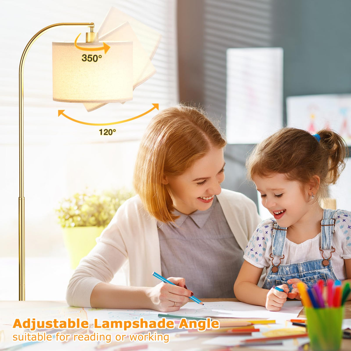 Ambimall Arc lamp enhances living room ambiance with warm or bright options.