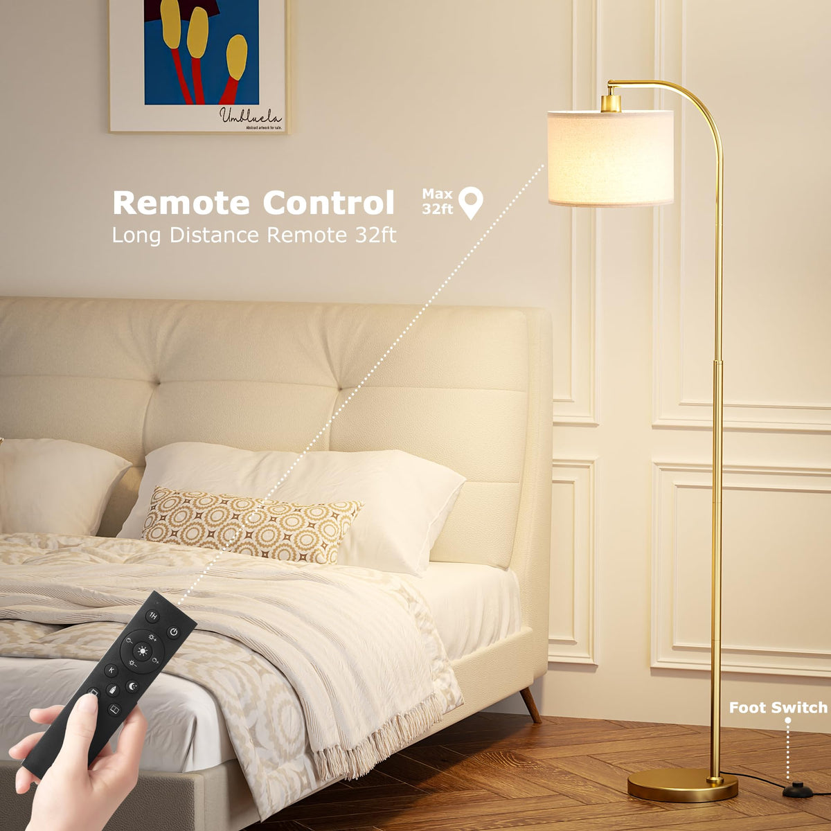Ambimall Arc lamp remote clip keeps the controller reachable and easy to grab.
