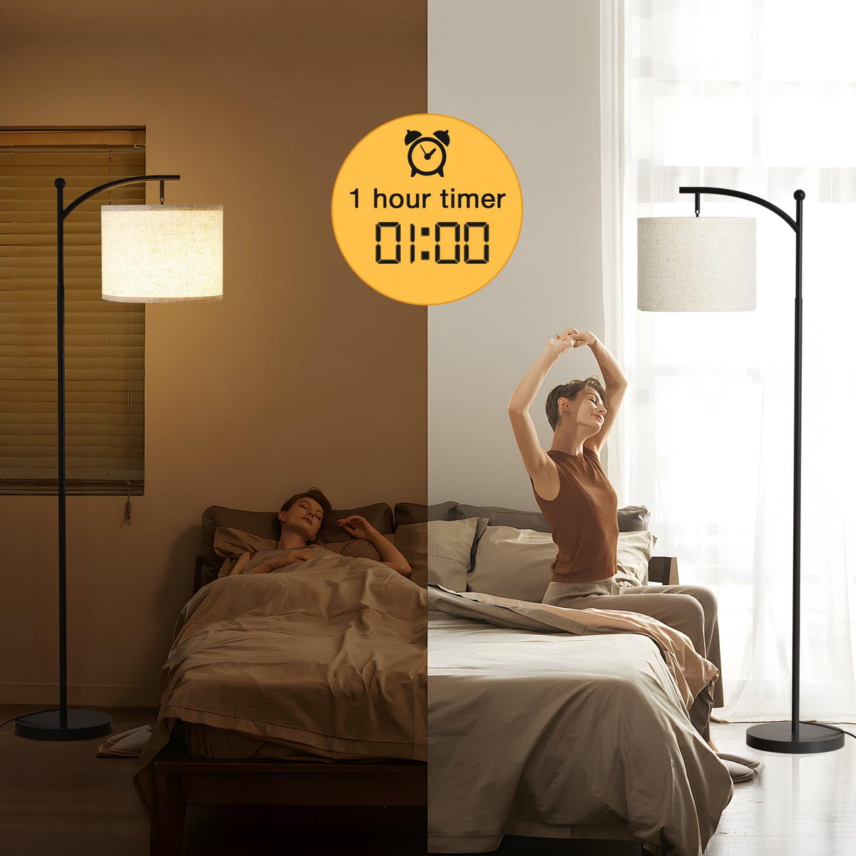 Ambimall beige shade with black pole complements modern living rooms.