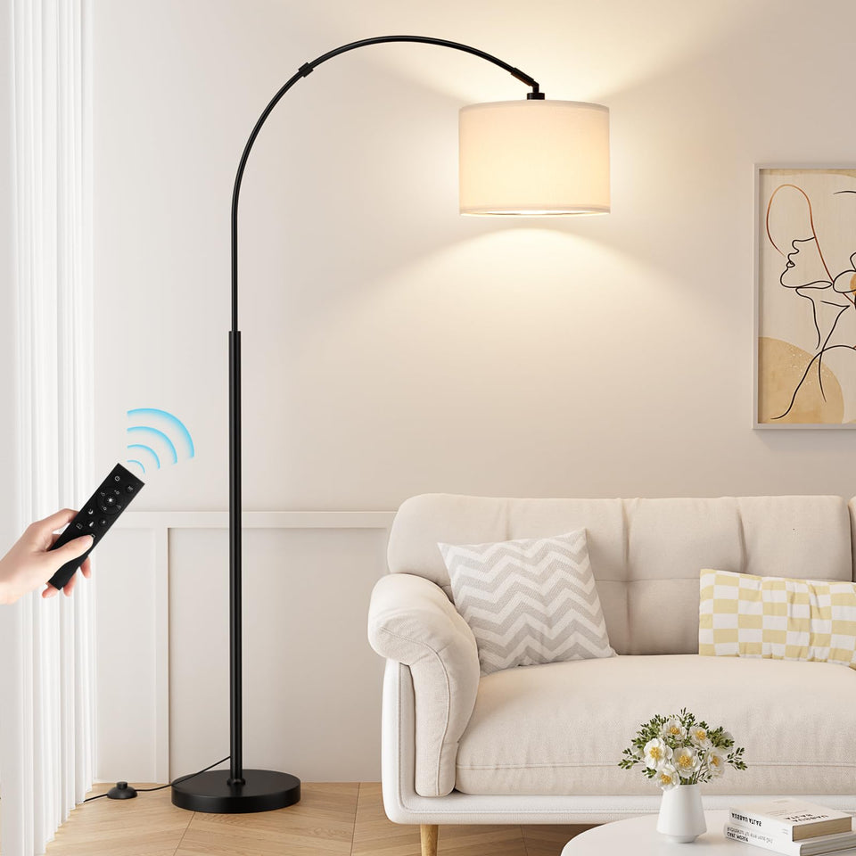 Ambimall dimmable arc floor lamp with remote for easy brightness and color control.
