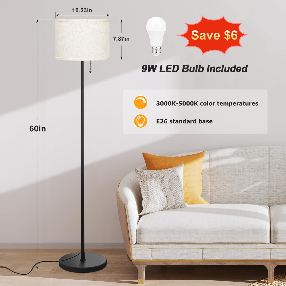Ambimall floor lamp with black pole adds minimalist style to bedrooms.