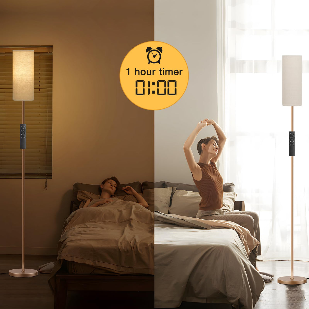 Ambimall floor lamp with one-hour timer and magnetic remote for convenient use.
