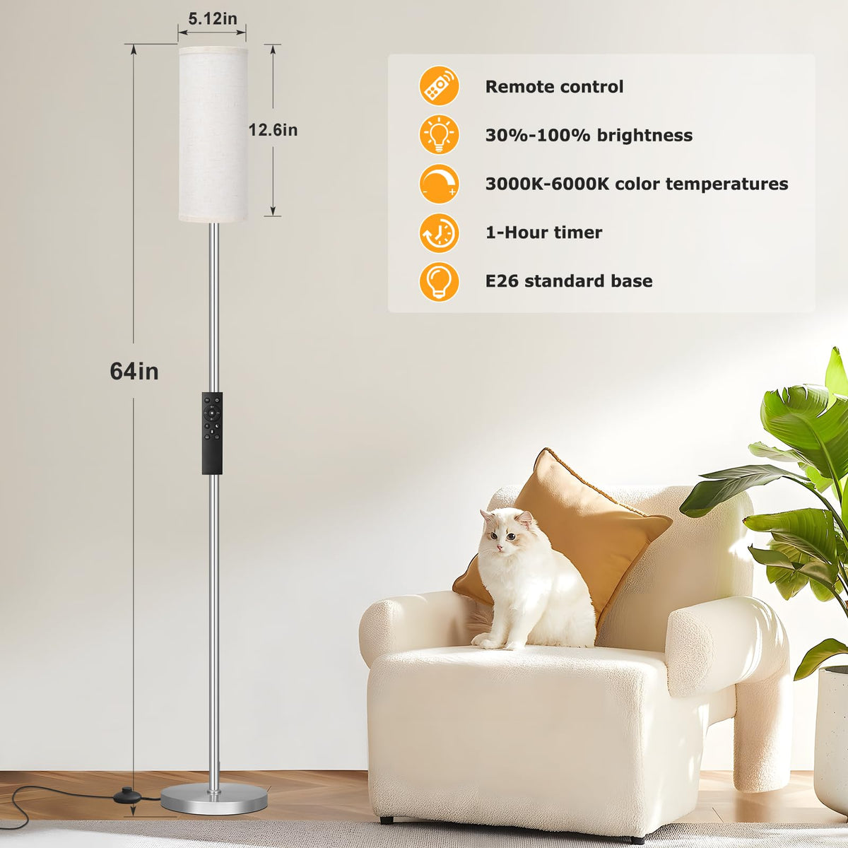 Ambimall floor lamp with remote control for easy brightness and temperature adjustments.