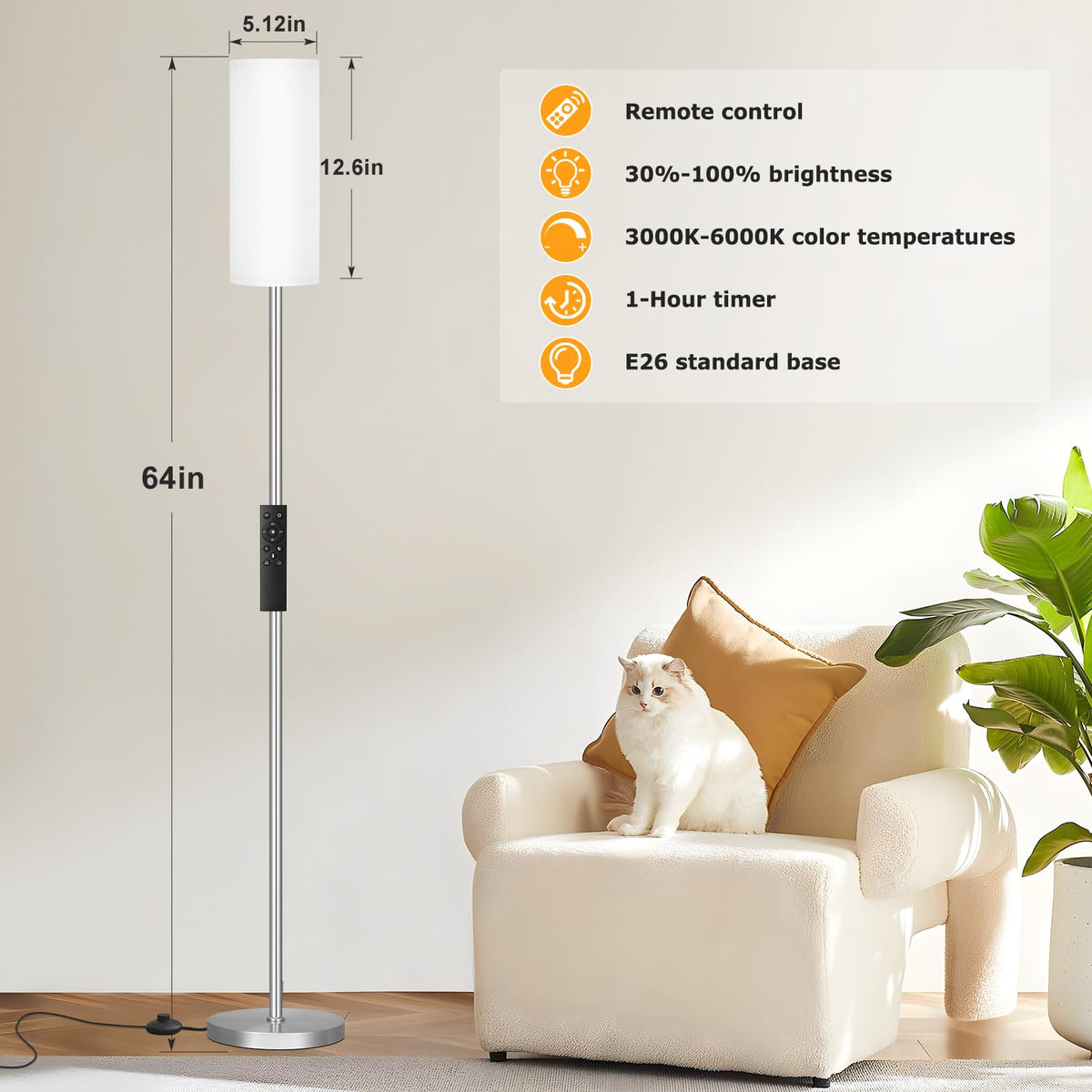 Ambimall floor lamp with stepless dimming ideal for living rooms and reading corners.