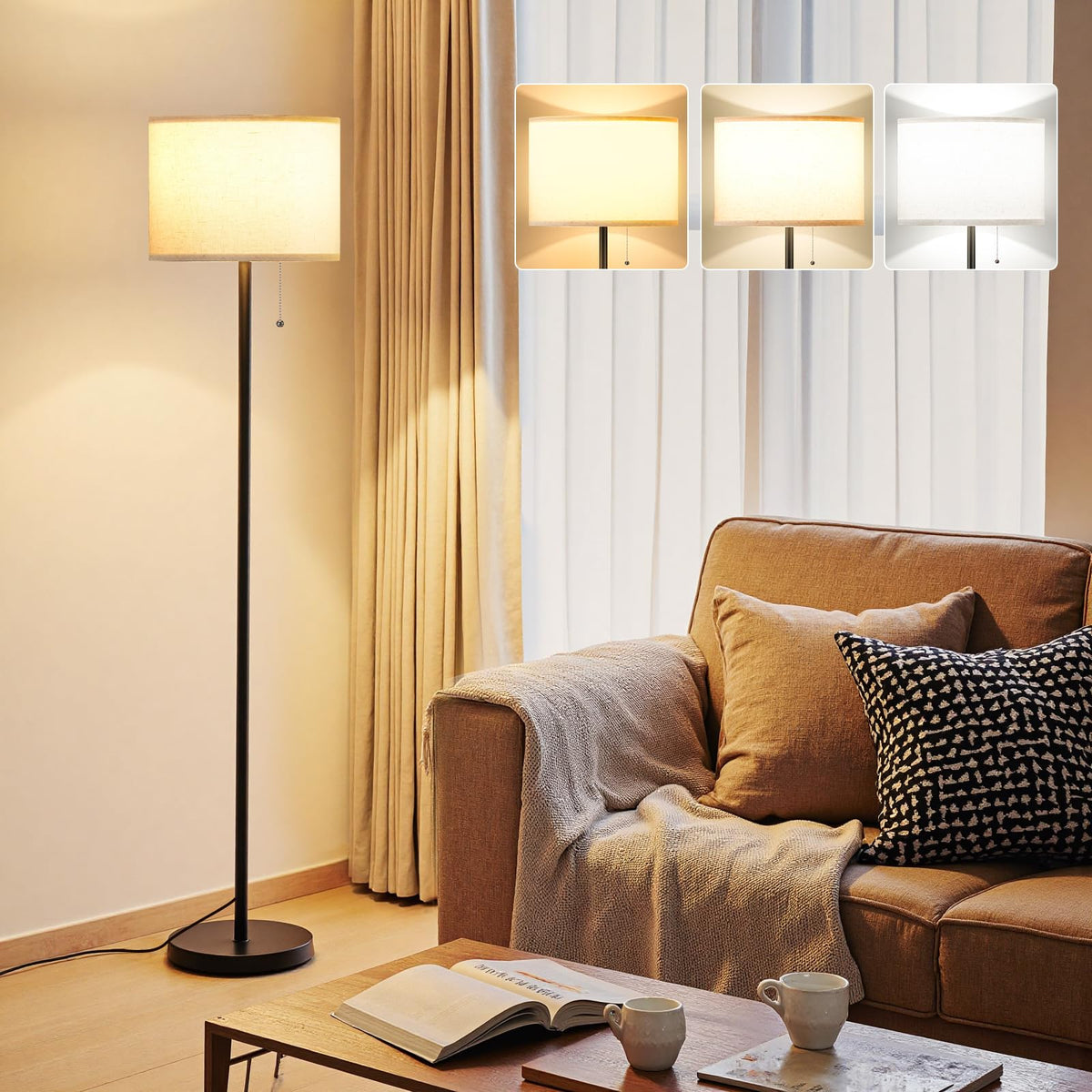 Ambimall modern floor lamp with beige shade for warm living room lighting.