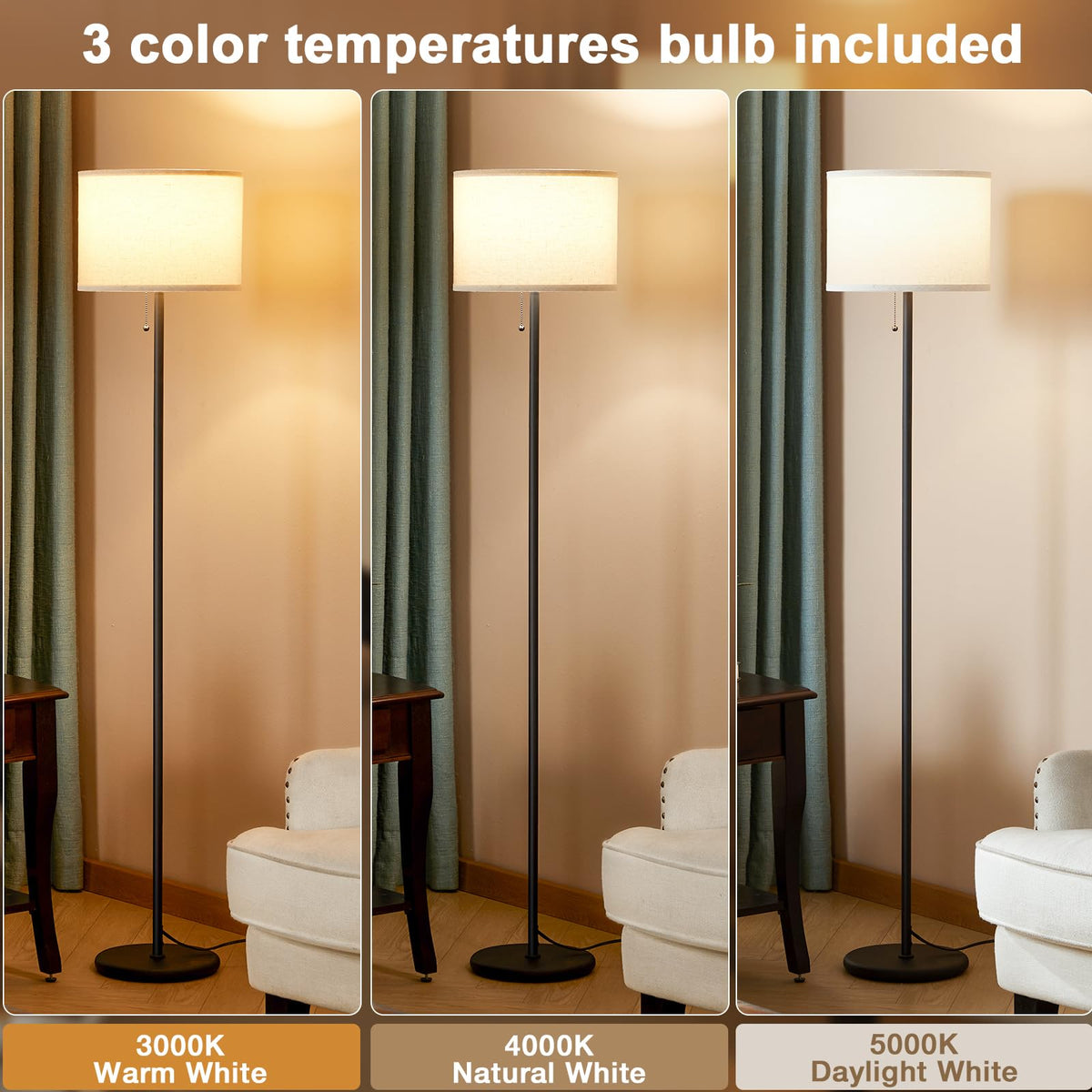 Ambimall standing lamp offers three color temperatures for versatile ambiance.
