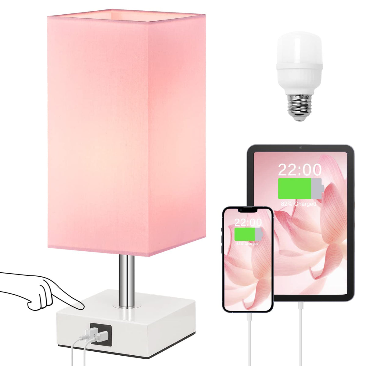 Ambimall touch-control table lamp with pink shade provides adjustable brightness