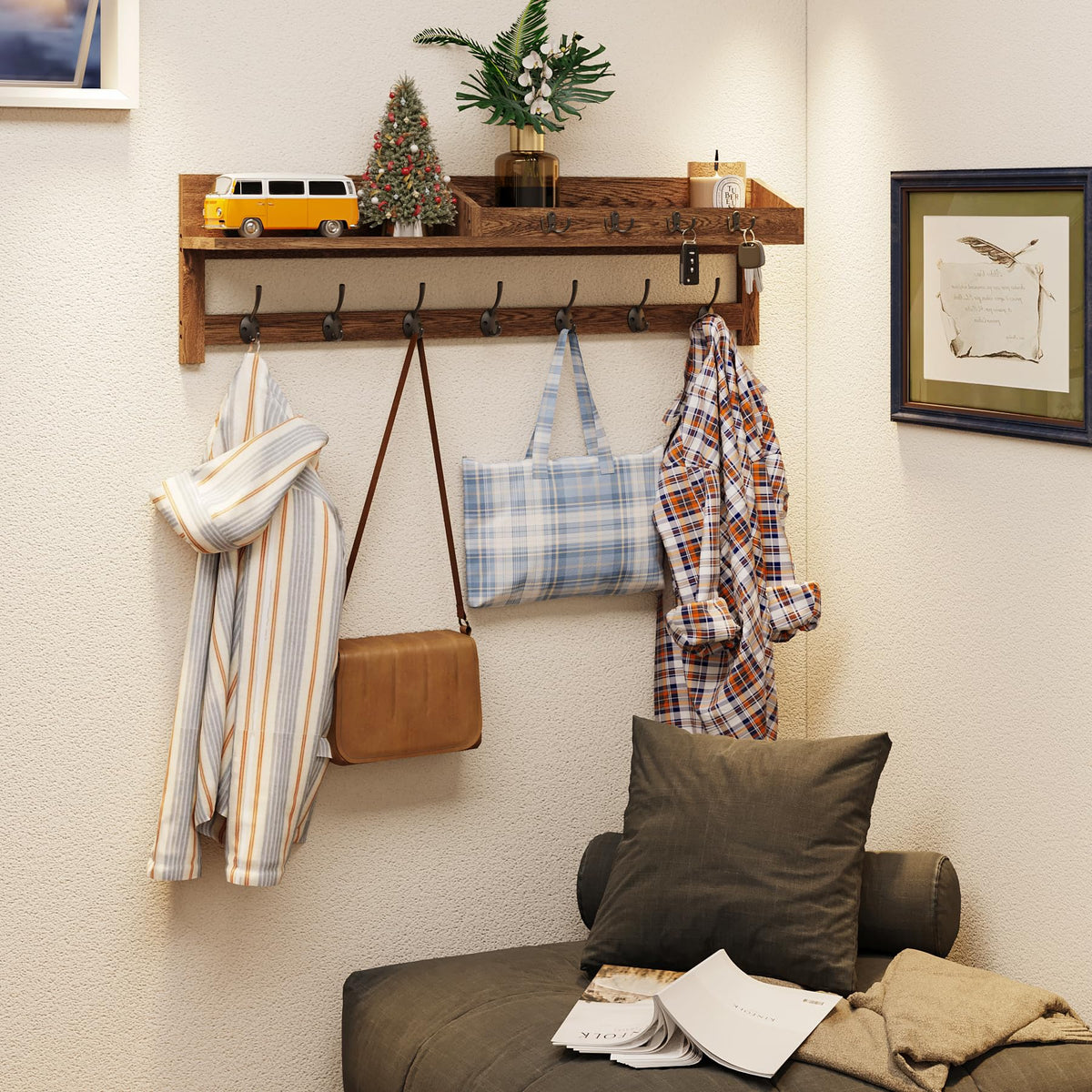 AMBIRD entryway shelf with hooks for bags and mail