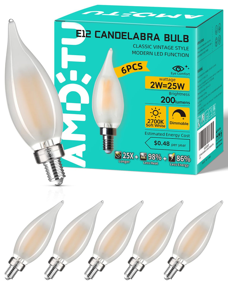 AMDTU E12 LED candelabra bulb with frosted glow, ideal for chandeliers