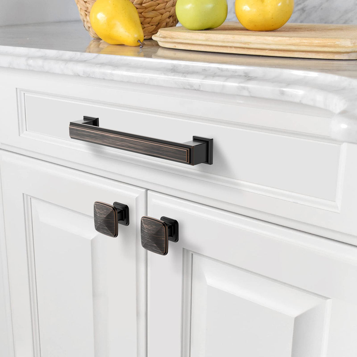 Amerdeco 10-pack bronze cabinet pulls enhancing kitchen or dresser.