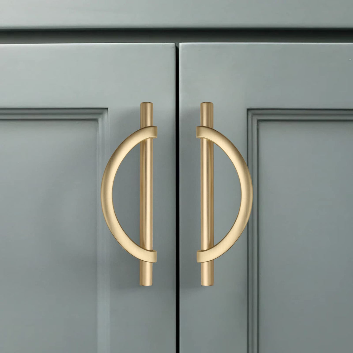 Amerdeco brushed gold cabinet pulls with 128mm center-to-center spacing.