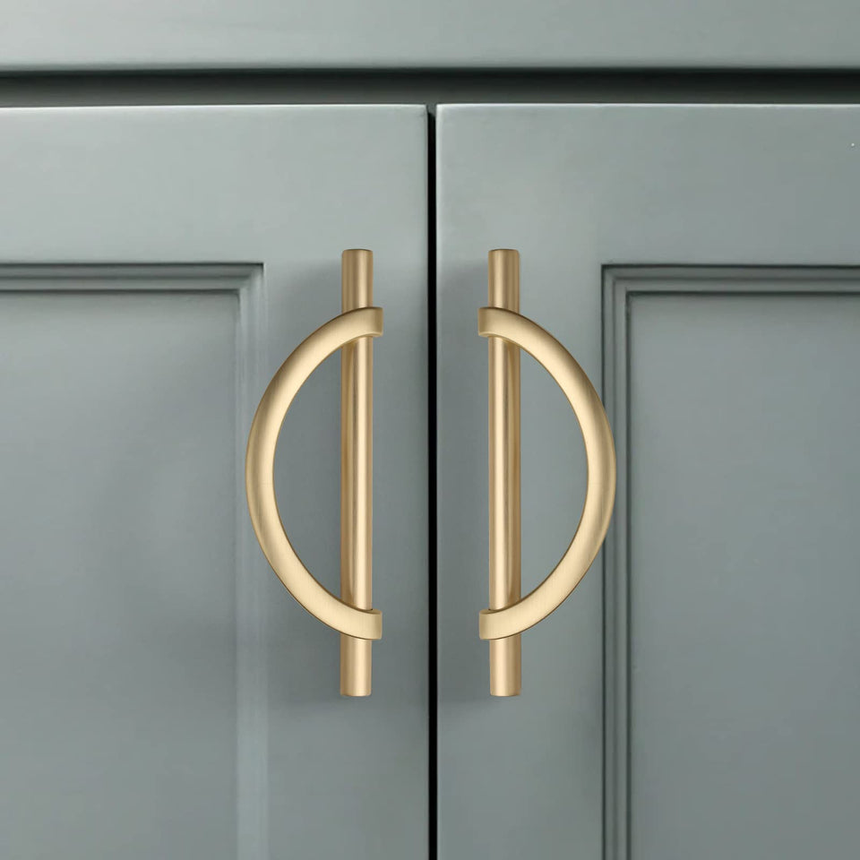 Amerdeco brushed gold cabinet pulls with 128mm center-to-center spacing.