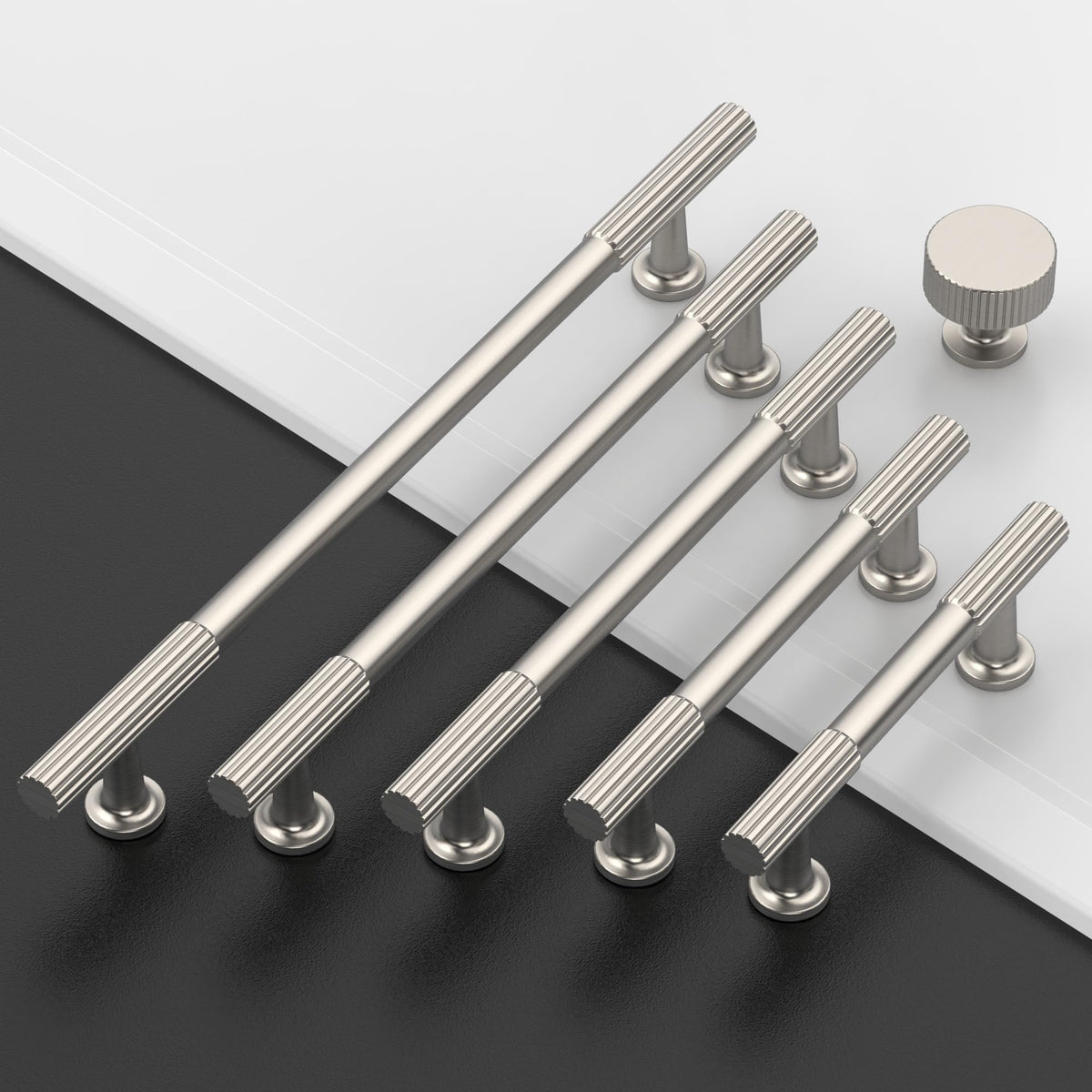 Amerdeco brushed satin nickel finish offers durable, modern appeal for cabinets.