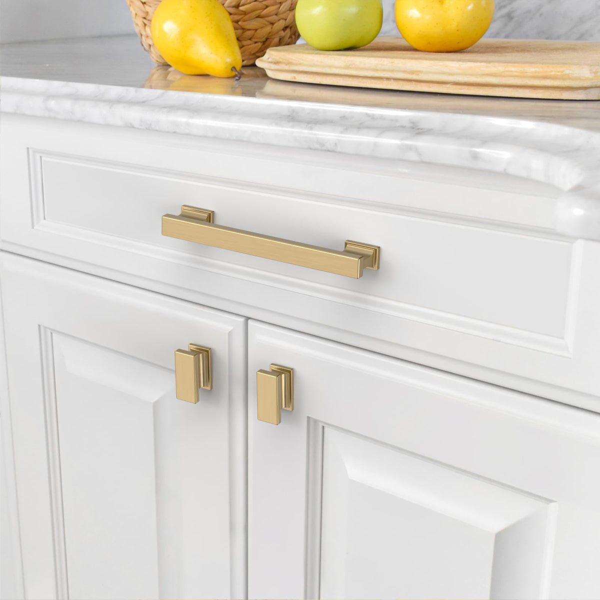 Amerdeco cabinet pull closeup shows brushed brass texture and premium feel.