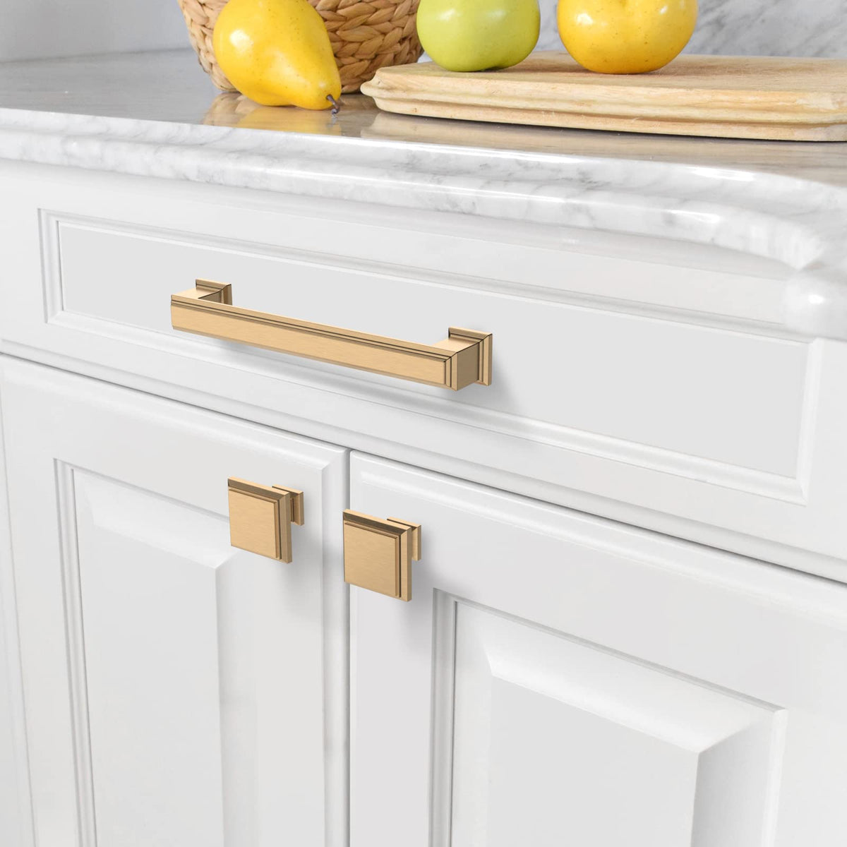 Champagne bronze hardware adds subtle luxury to bathroom cabinetry with simple installation.
