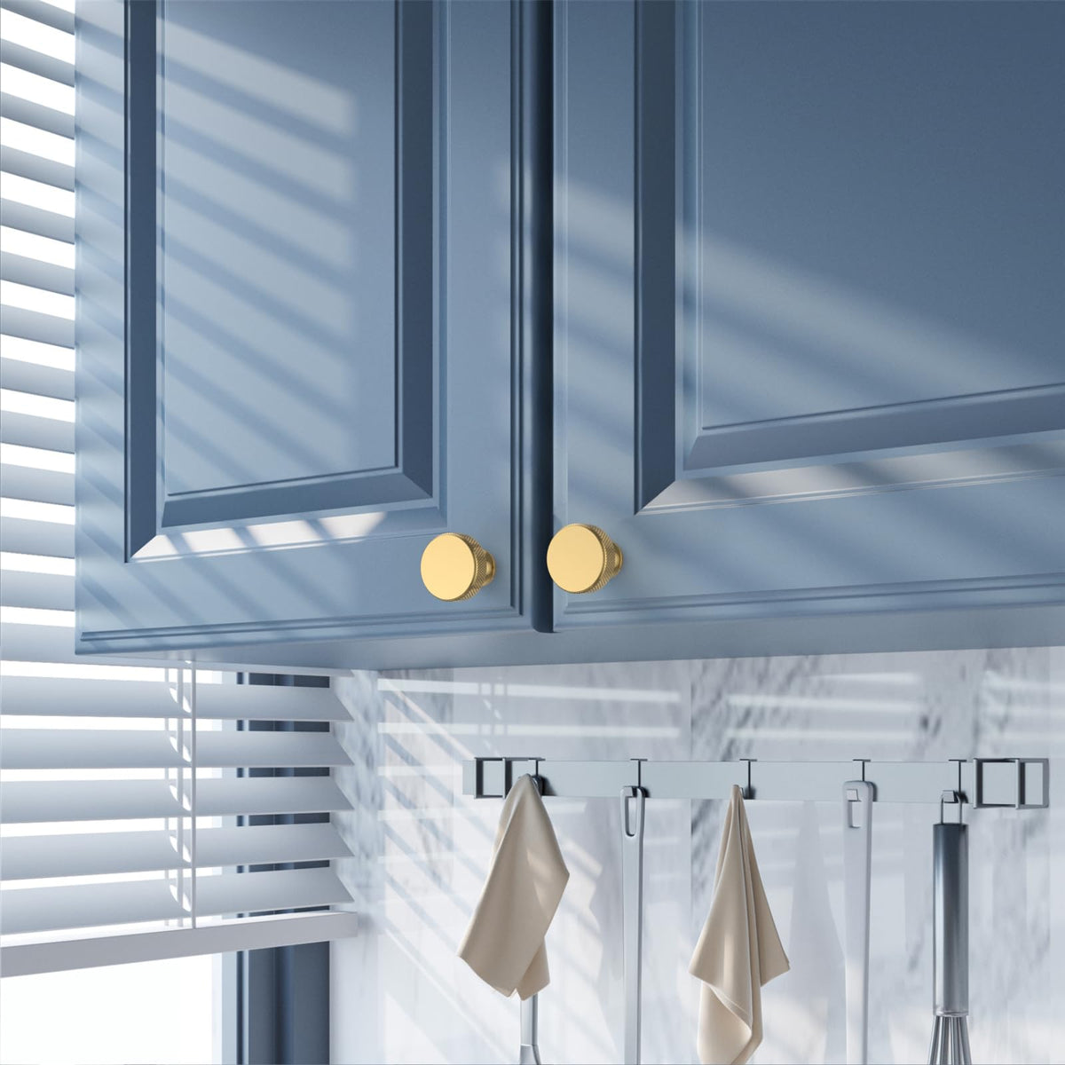 Amerdeco champagne bronze knurled knob detail elevates cupboard aesthetics.
