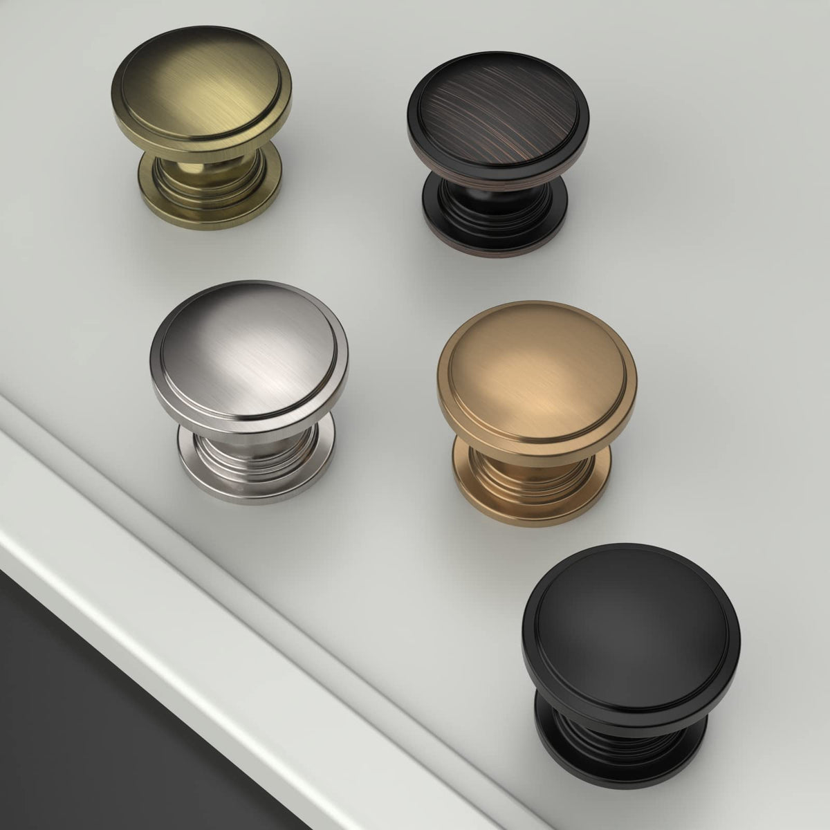 Amerdeco gold round drawer knob, single-hole, ideal for dressers.